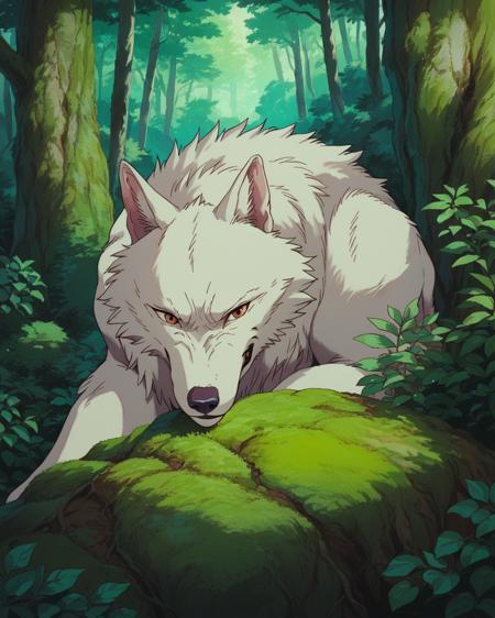 13570-4181834318-score_9, score_8_up, score_7_up, source_anime, zPDXL, Ghiblistyle, no humans, forest, trees, animal focus, wolf, white fur_lora_.png
